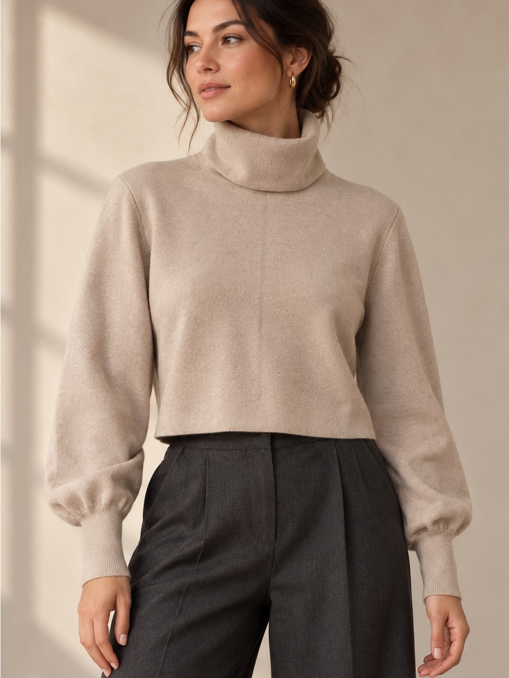 Aritzia Wilfred Wool Cotton Cropped Boxy Turtleneck Sweater Taupe Small